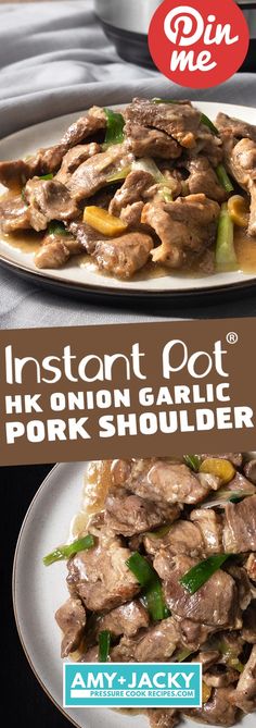 an advertisement for instant pot roast pork shoulder on a white plate with green peppers and onions