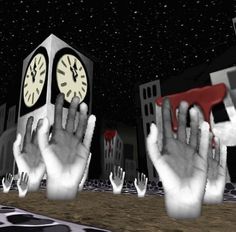 two hands reaching out to each other in front of a clock tower with stars above it