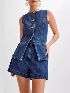 Women's Denim Long Vest Tops Button-up Back Slit Sleeveless Pocket Round Neck Waistcoat Moda Denim, Estilo Denim, Chic Aesthetic, Mode Jeans, Denim Patterns, Elegante Casual, Short Vest, Princess Seams, High Waisted Shorts Denim