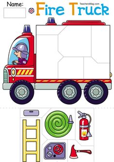 a fire truck cutout is shown with different items to make it look like an image