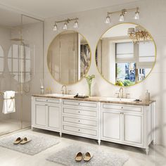 a bathroom with two sinks, mirrors and rugs in front of the sink area