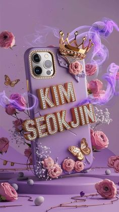 an iphone case with the words kim sekojunn on it and flowers surrounding it