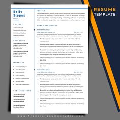 a professional resume template with blue and yellow accents on the cover, in front of a dark