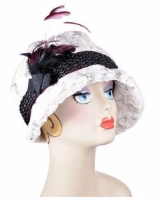 Grace Cloche Style Hat - Luxury Faux Fur in Winters Frost Medium / Band - Burgundy / Braided Band - Black / Feather -  Black/Burgundy Hats Pandemonium Millinery Ruff Collar, 1920s Style, Cozy Coats, Large Hats, Feather Trim, Faux Fur Fabric, Fur Fabrics, Cloche Hat, Black Feathers