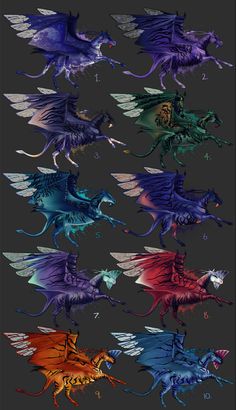 several different colored dragon like creatures on a black background, each with their own tail colors