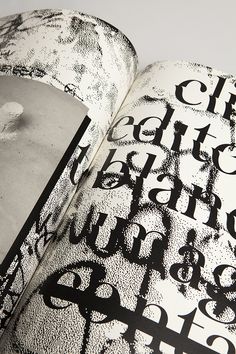 an open book with black and white type on it's cover, showing the inside pages