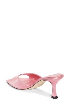 A candy-pink hue sweetens this satin slide sandal designed with a deeply dipped vamp and flared pedestal heel. 2 3/4" (70mm) heel (size 8.5) Textile upper/leather and textile lining/leather sole Made in Italy Designer Shoes Pink Mules With 4-inch Heel For Spring, Pink Sandals With 4-inch Heel For Evening, Pink Sandals For Summer Events, Pink Sandals For Spring Cocktail, Summer Pink Kitten Heels With Padded Heel, Chic Pink Sandals For Cocktail, Pink Sandals For Spring Cocktail Events, Chic Pink Sandals For Cocktail Occasions, Pink Open Heel Heels With Deep Heel Cup