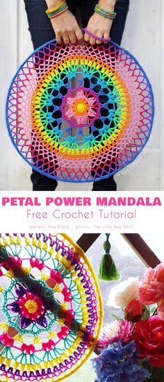 a woman holding a crochet doily with the words petal power mandala on it