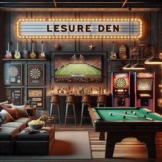 This image features a cozy man cave with a pool table, bar area, retro neon signs, and a large TV with gaming console. The room is tastefully decorated with vintage sports memorabilia and guitars. Fun extras like a popcorn machine, pinball machine, and dartboard make it a perfect relaxation spot. #ManCave #GameRoom #HomeBar #RetroDecor #VintageDecor #HomeDesign Mens Game Room, Man Cave With Pool Table, Bar Lounge With Pool Table, Man Cave With Pool Table And Bar, Man Cave Basement Pool Table, Cozy Man Cave, Retro Gaming Room, Pool Table Arcade Room, Vintage Pool Table