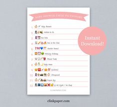 the baby shower emojtionary printable is shown in pink and white with an arrow