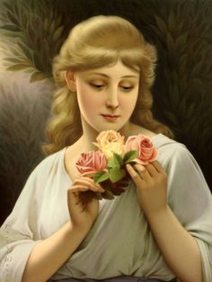 a painting of a woman holding roses in her hands