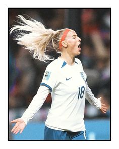 a female soccer player with her hair blowing in the wind