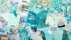 a collage of various images with blue and green colors, including an old typewriter