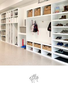 a room filled with lots of white shelving and baskets on the wall next to shoes