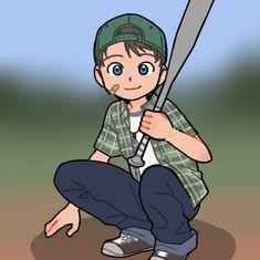 a boy with a baseball bat in his hand and wearing a hat, crouching on the ground