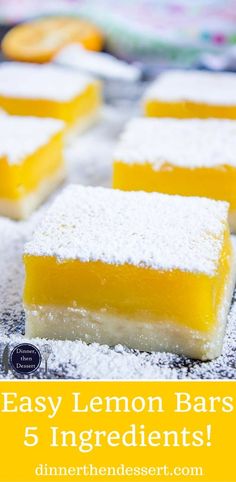 lemon bars with powdered sugar on top and the words easy lemon bars 5 ingredients