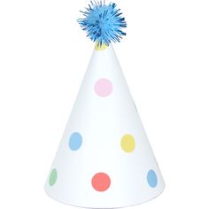 a white party hat with multicolored polka dots and blue pom - pom