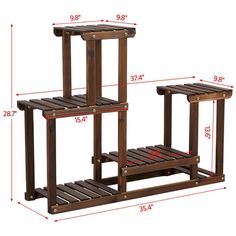 three tiered wooden shelfs with measurements for each side and the top section showing