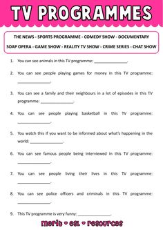 the tv programs worksheet for kids to learn how to play games and other activities