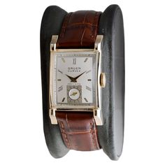 Classic Watches With Rectangular Dial For Collectors, Classic Collectible Watch With Rectangular Dial, Antique Brown Watch Accessories For Formal Occasions, Classic Collectible Watches With Diamond Hour Markers, Formal Brown Watch Accessories With Polished Finish, Classic Collectible Jewelry And Watches With Polished Finish, Gruen Watches, Factory House, Reference Art