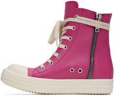 High-top buffed calfskin sneakers in pink. · Round calfskin cap toe · Lace-up closure · Zip closure at inner side · Treaded rubber sole Supplier color: Hot pink/Milk/Milk Pink Leather High-top Sneakers With Vulcanized Sole, Pink Leather High-top Sneakers With Round Toe, Pink Leather High-top Sneakers With Rubber Sole, Pink High-top Sneakers With Rubber Toe Cap, Pink Leather High-top Sneakers With Contrast Sole, Pink High-top Sneakers With Rubber Toe Cap For Streetwear, Pink Lace-up Sneakers With Leather Sole, Pink Milk, Pink Round