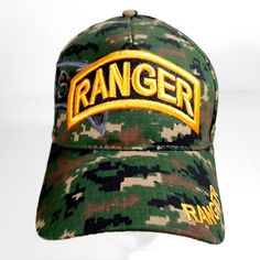 Us Army Ranger Men's Camouflage Ball Cap One Size 100% Cotton Embroidered Adjustable Size Strap Back Embroidered Or Iron Pressed Patch Hat Material Varies From Acrylic, Polyester, Wool And Cotton Blends New With Or Without Tags Military Style Sports Hat, Khaki Military Baseball Cap For Sports, Khaki Military Style Baseball Cap For Sports, Military Style Khaki Trucker Hat, Khaki Military Hat For Sports, Military Camouflage Trucker Hat For Sports, Military Style Camouflage Trucker Hat For Sports, Outdoor Camouflage Cotton Baseball Cap, Military Style Trucker Hat