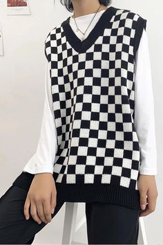 Plaid Checkered V-Neck Sleeveless Knitted Vest Sweater – Tomscloth Casual Plaid Vest For Spring, Casual Plaid Sleeveless Vest, Casual Plaid Vest Top, Wednesday Checkered Vest, Barbie Cowgirl, Sleeveless Knitted Vest, Retro Summer Outfits, Checker Vest, Goth Vibes