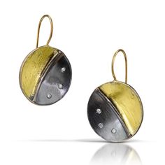 Gold, Silver & Stone Earrings - These drop earrings are fabricated with 18k gold french wires, 18k gold fused over oxidized sterling silver and the artists signature hand texture. Set with six flush 1.4mm VS1 diamonds with a 0.09 total carat weight. Artistic Earrings, Vs1 Diamond, Yellow Jewelry, Popular Jewelry, French Wire, Black Jewelry, Gold Wire, Craft Fair, Oxidized Sterling Silver