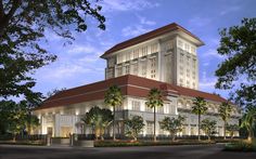 an artist's rendering of a large building with palm trees in front of it