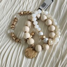 Beautiful Set Of 3 Bracelets Brand New With Tags African Beaded Bracelets, Moroccan Women, Handmade African, Pandora Style, Gold Cream, Copper Bracelet, Rhinestone Bracelet, Cream And Gold, Silver Heart