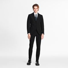 LOUIS VUITTON® - Embossed Monogram Single-breasted Jacket - Black Louis Vuitton Suit, Elegant Jacket, Louis Vuitton Official, Black Suit, Single Breasted Jacket, Louis Vuitton Men, Cotton Logo, Black Suits, Fashion Books