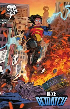 a comic book cover with a man flying through the air in front of a fire