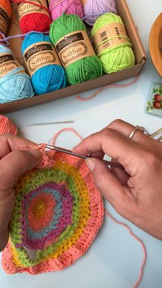 a person is knitting yarn on a table