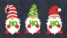 three christmas gnomes with santa hats and stockings