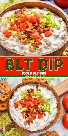 two pictures showing different types of dips and pretzels with the words blt dip