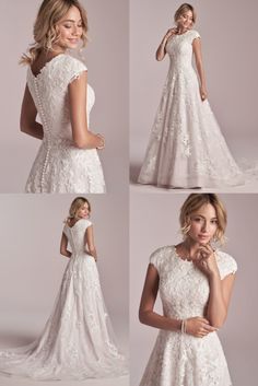 a woman in a white wedding dress with short sleeves and open back, posing for the camera