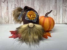 a stuffed animal with a hat on it's head next to a small pumpkin