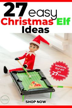 an elf is playing pool on the cover of this christmas gift guide for adults and children