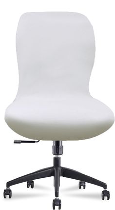 an office chair with wheels and white upholstered seat, viewed from the front