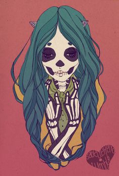 a drawing of a skeleton girl with long hair