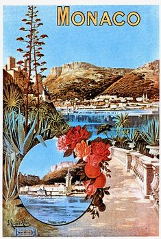 a poster with flowers and mountains in the background