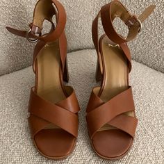 Women's Marc Fisher Brown Orla Round Toe Block Heel Leather Sandals, Size 5, Perfect Condition, Never Used Brown Ankle Strap Sandals With 4-inch Heel, Brown Ankle Strap Wedge Sandals With Wrapped Heel, Brown Sandals With Padded Heel And Medium Width, Brown Sandals With Ankle Strap Of Medium Width, Brown Sandals With Ankle Strap, Medium Width, Brown Sandals With Padded Heel, Brown Sandals With Wrapped Heel And Medium Width, Brown Medium Width Wedge Sandals For Formal Occasions, Formal Brown Sandals With Stacked Heel