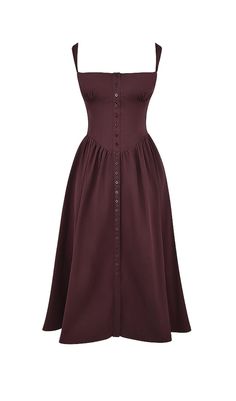 RICH BROWN MIDI SUNDRESSThe RICH BROWN MIDI SUNDRESS is a soft and feminine dress with a vintage feel. It is beautifully cut from stretch cotton, ensuring a comfortable fit. The sweetheart neckline features a shaped bust, and the dress is fitted with incredible corsetry boning to accentuate the waist and create an amazing silhouette.One unique feature of this dress is the pretty lace-up back and buttoned front, allowing you to adjust the dress to your liking. Additionally, the dress is equipped Brown Button Up Outfit, Autumn Wedding Guest Dress, Summer Outfits Brown, Midi Skirt Fall, Dress Reference, Garden Party Outfit, Soft And Feminine, Midi Sundress, Trip Outfits