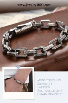 Men's Sterling Silver Ivy Pattern Rectangle Link Chain Bracelet #Jewelry1000 #sterlingsilver #mensjewelry #mensbracelet #silverbracelet #chunkybracelet #giftforhim #newyeargift Mens Silver Earrings, Silver Belt Buckle, Mens Bracelet Silver, Link Chain Bracelet, Mens Silver Necklace, Chunky Bracelets, Men's Bracelet, Mens Silver Rings, Sterling Silver Mens