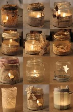 many different jars with candles in them and some paper doily on the top one