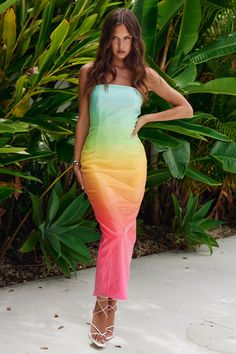 MALIBU MIDI DRESS - MULTI Ombre Maxi Dress, Straight Across Neckline, Florida Fashion, Sleeveless Skirt, Designer Prom Dresses, Polyester Dress, American Women, Types Of Skirts, Stunning Dresses