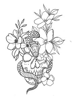 a drawing of a skull with flowers on it's head and the snake wrapped around its neck