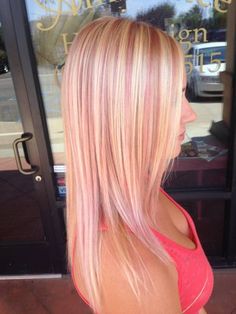 Blond With Pink Tips, Blonde Hair Color Ideas Medium Length Straight, Fun Highlights For Blondes, Blonde With Pink Lowlights, Long Blonde Hair With Pink Highlights, Blonde Hair W Pink Highlights, Pink Hair Dye Ideas Blondes, Pink Hair Blonde Highlights