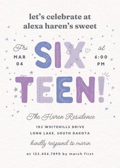 a purple and blue birthday party card with the words six ten on it in white