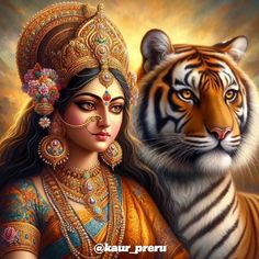 a painting of a woman and a tiger